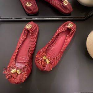 Red leather Tory Burch flats, size 8 1/2